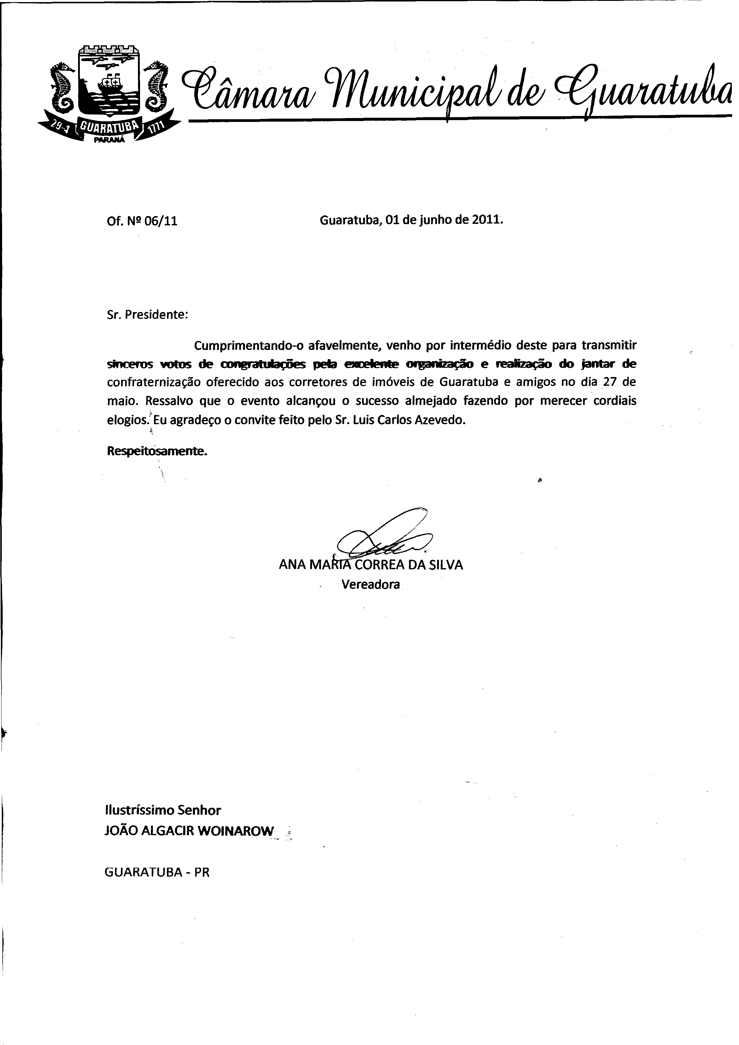 Oficio - Camara Vereadores - Associação de Corretores de Guaratuba